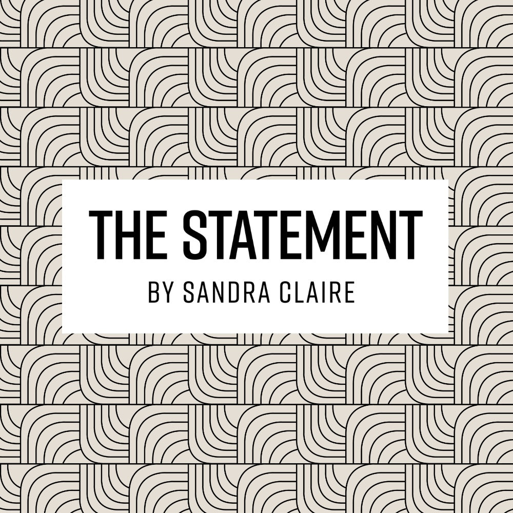 Text 'THE STATEMENT BY SANDRA CLAIRE' on a geometric patterned background