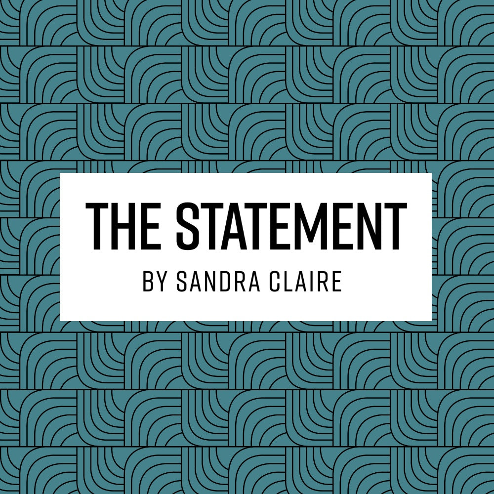 Text 'THE STATEMENT by Sandra Claire' on a teal patterned background